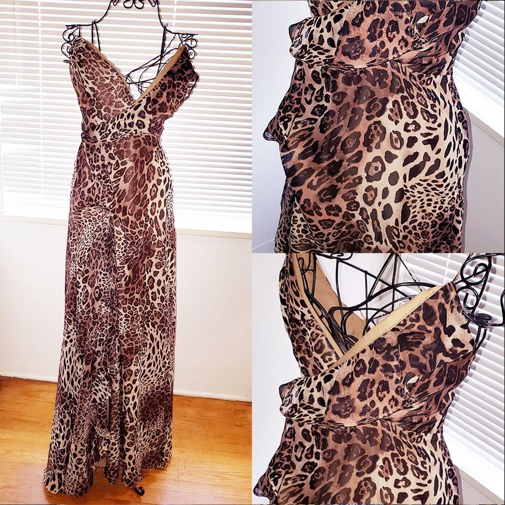 Vintage Faux Leopard Print Nylon Gown Long Crisscross Straps Barbiecore 90s S